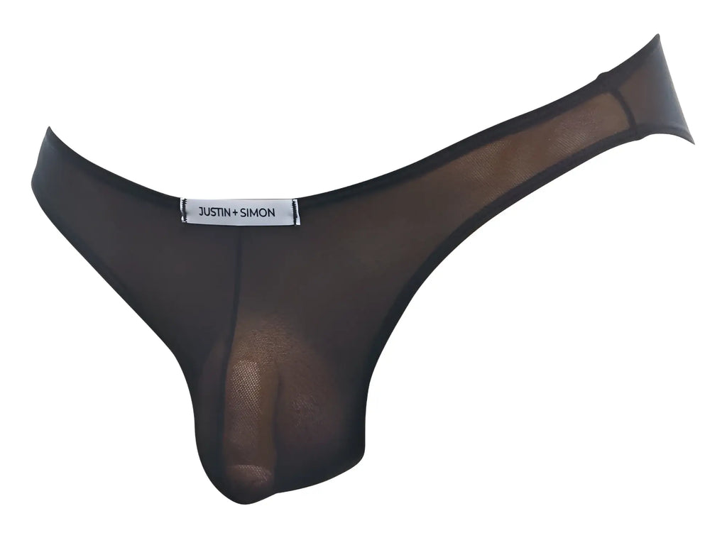Black sheer mesh thong by justin + simon classic bikini style in black sheer mesh fabric shown from the back side