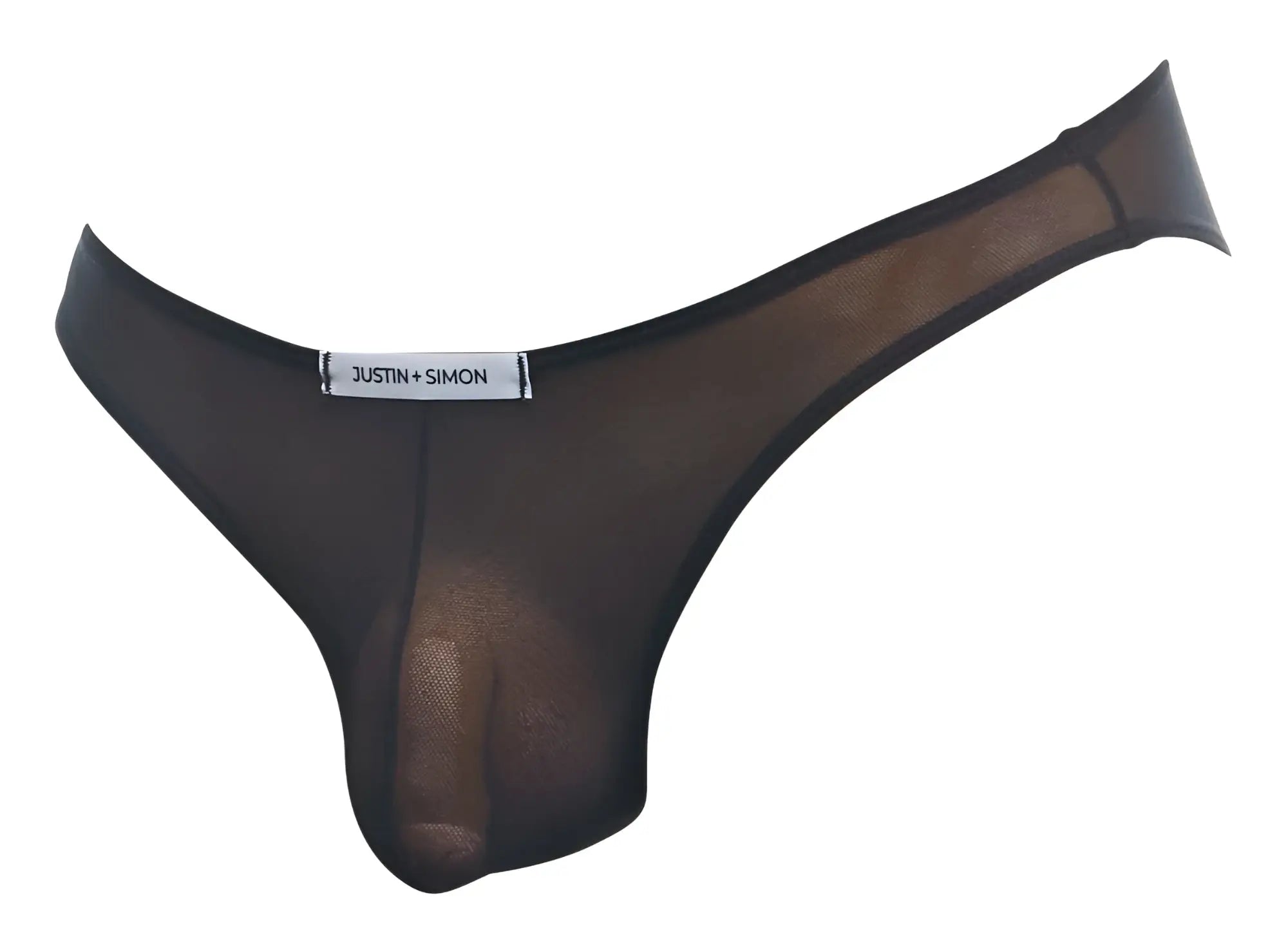 Black sheer mesh thong by justin + simon classic bikini style in black sheer mesh fabric shown from the back side