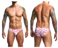 Pink bow-patterned classic bikini swim trunks by justin simon in coquette color for stylish beachwear