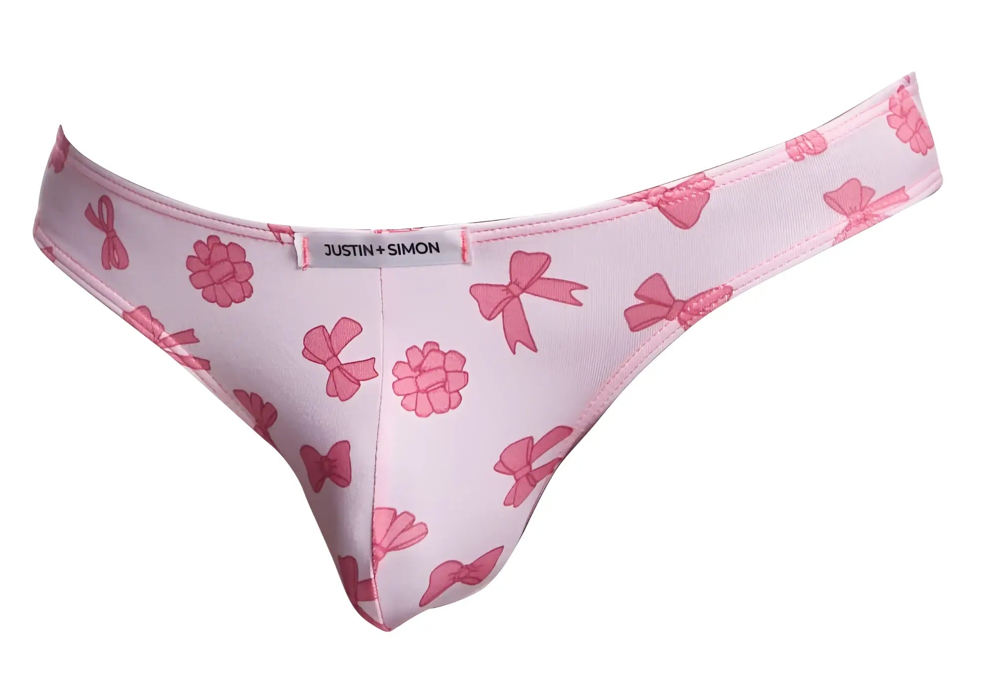 Pink bow and raspberry patterned thong by justin simon classic bikini color coquette showing back side view