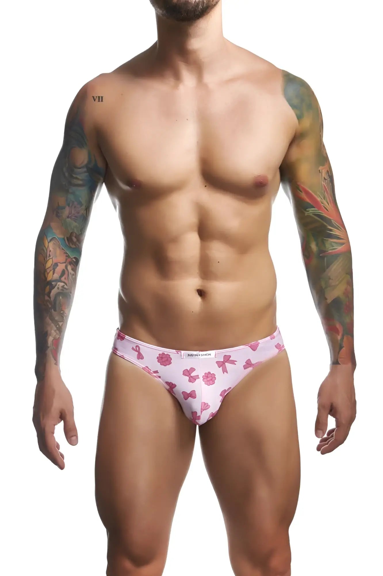 Justin simon xsj01 classic bikini pink briefs with pink bow and ribbon pattern and calvin klein waistband branding