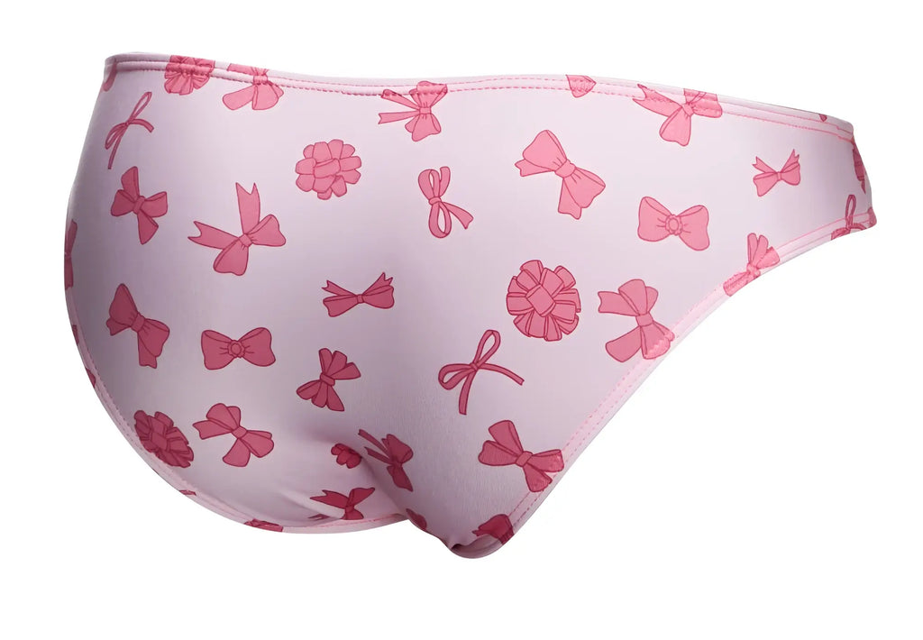 Pink bikini bottom from JUSTIN SIMON XSJ01 classic bikini color Coquette with pink bows on lavender base