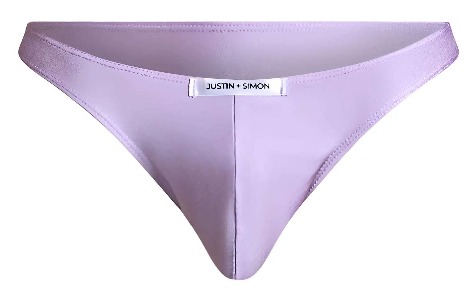 Lavender-colored smooth briefs with subtle sheen and silver justin plus simon brand tag on the waistband