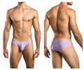 Lavender smooth textured mens briefs justin simon xsj01 classic bikini with subtle brand tag at waistband front side