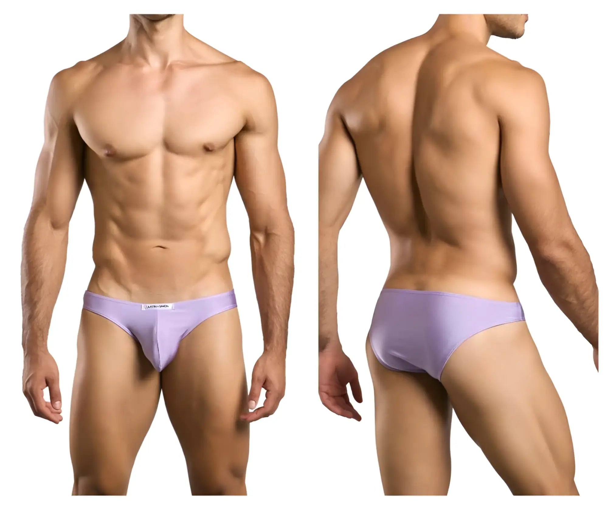 Lavender smooth textured mens briefs justin simon xsj01 classic bikini with subtle brand tag at waistband front side