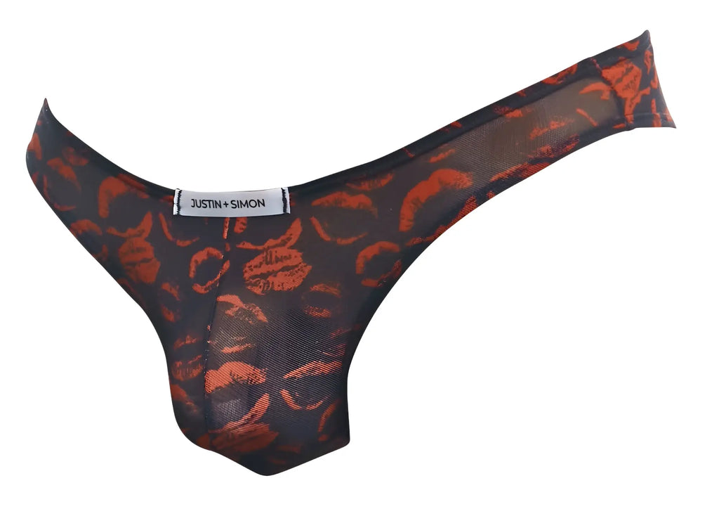 Black and orange lip print mesh thong by justin and simon from the classic bikini color lips collection
