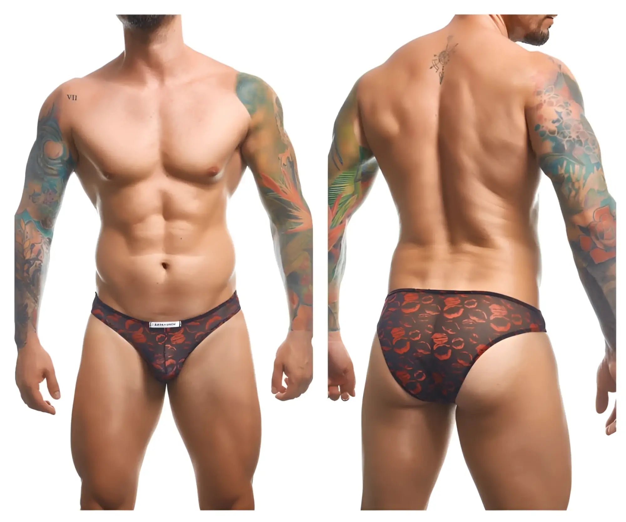 Black briefs with red floral pattern and sheer mesh fabric from justin+simon xsj01 classic bikini color lips collection