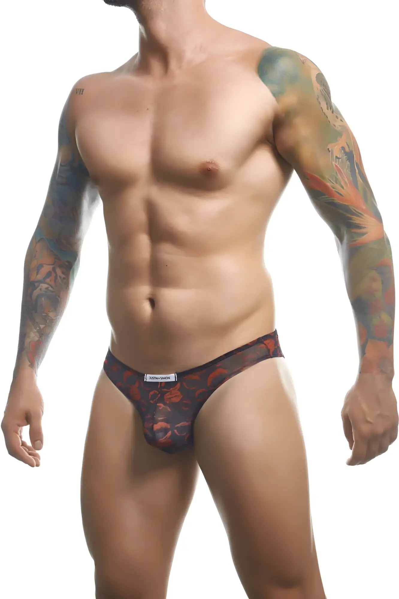 Black and red floral-patterned men’s briefs with sheer mesh fabric from JUSTIN+SIMON classic bikini color lips collection