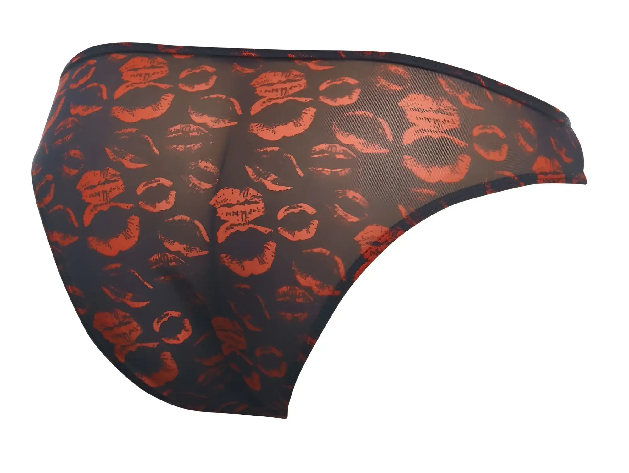 Black sheer briefs with bold orange lipstick print pattern from justin+simon xsj01 classic bikini color lips collection