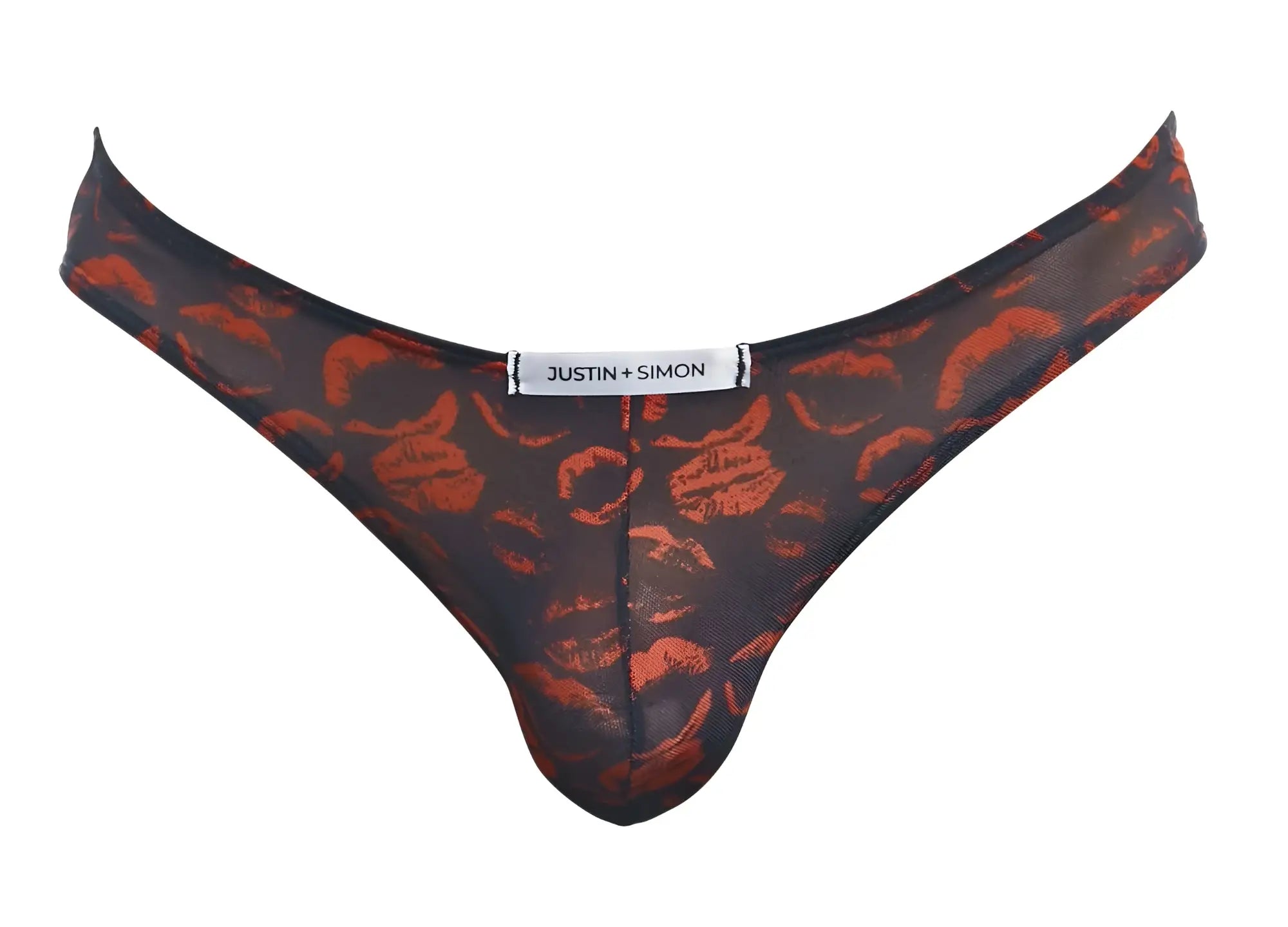Black sheer thong with bold orange lipstick print and justin simon label from justin simon xsj01 classic bikini color lips