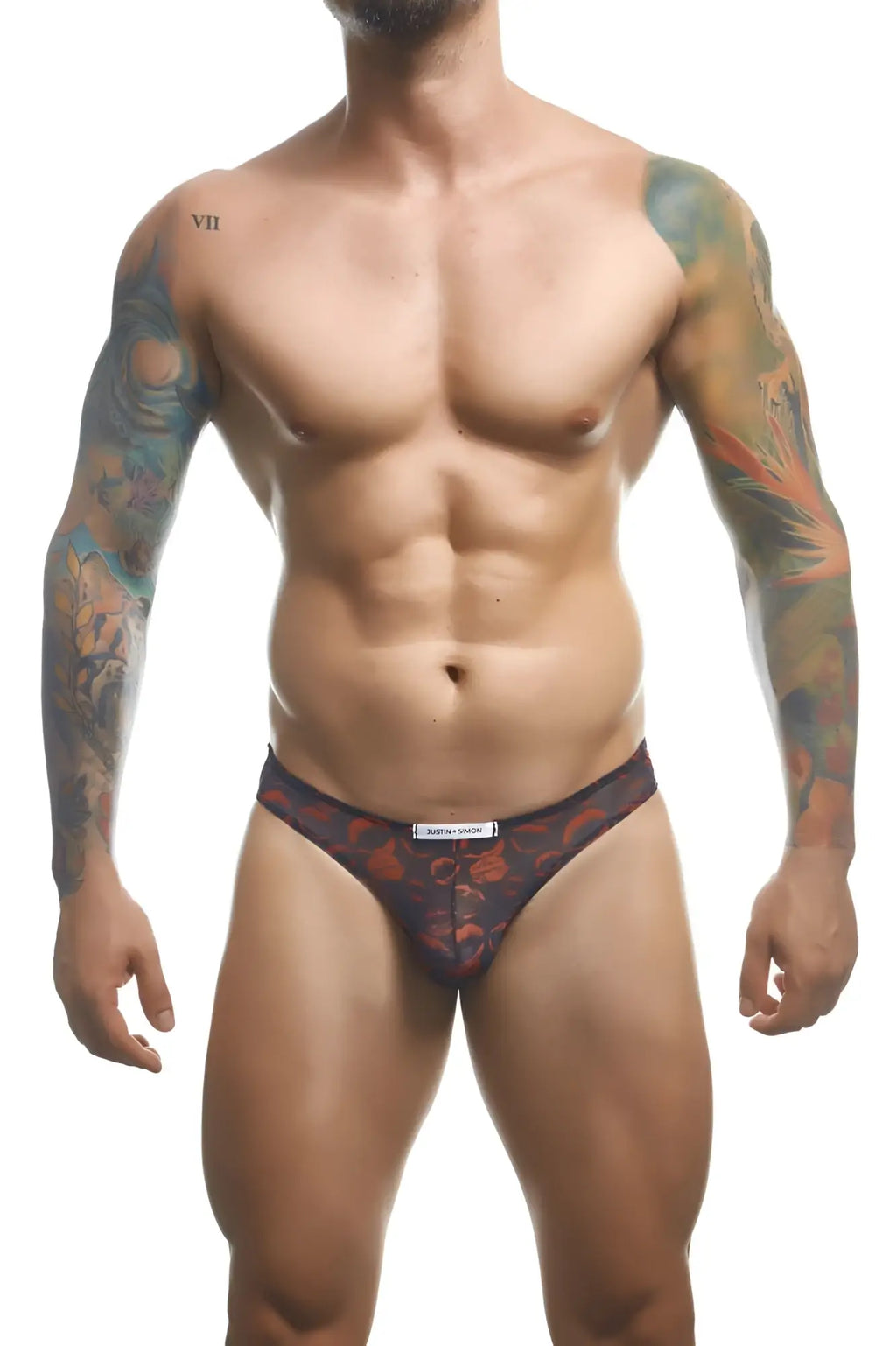 Black briefs with vibrant red and orange floral pattern featuring dare to wear label classic bikini color lips design