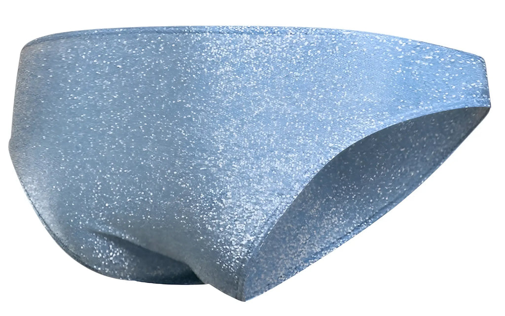 Light blue glittery swim trunks made with lurex material from justin simon classic bikini collection xsj01 model