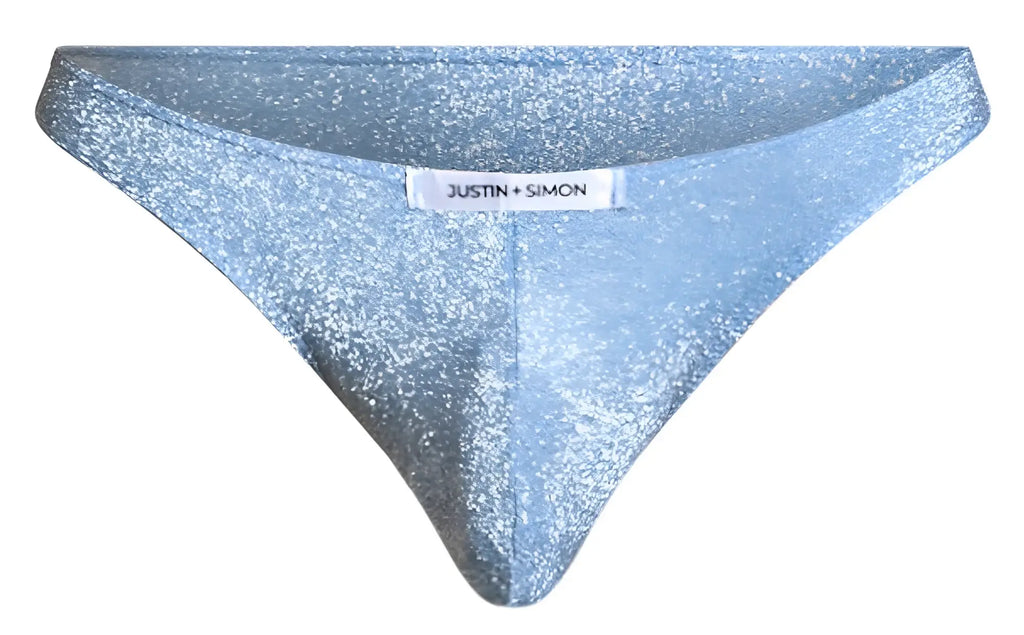 Light blue glittery lurex classic bikini thong by justin plus simon shown from front in xsj01 style