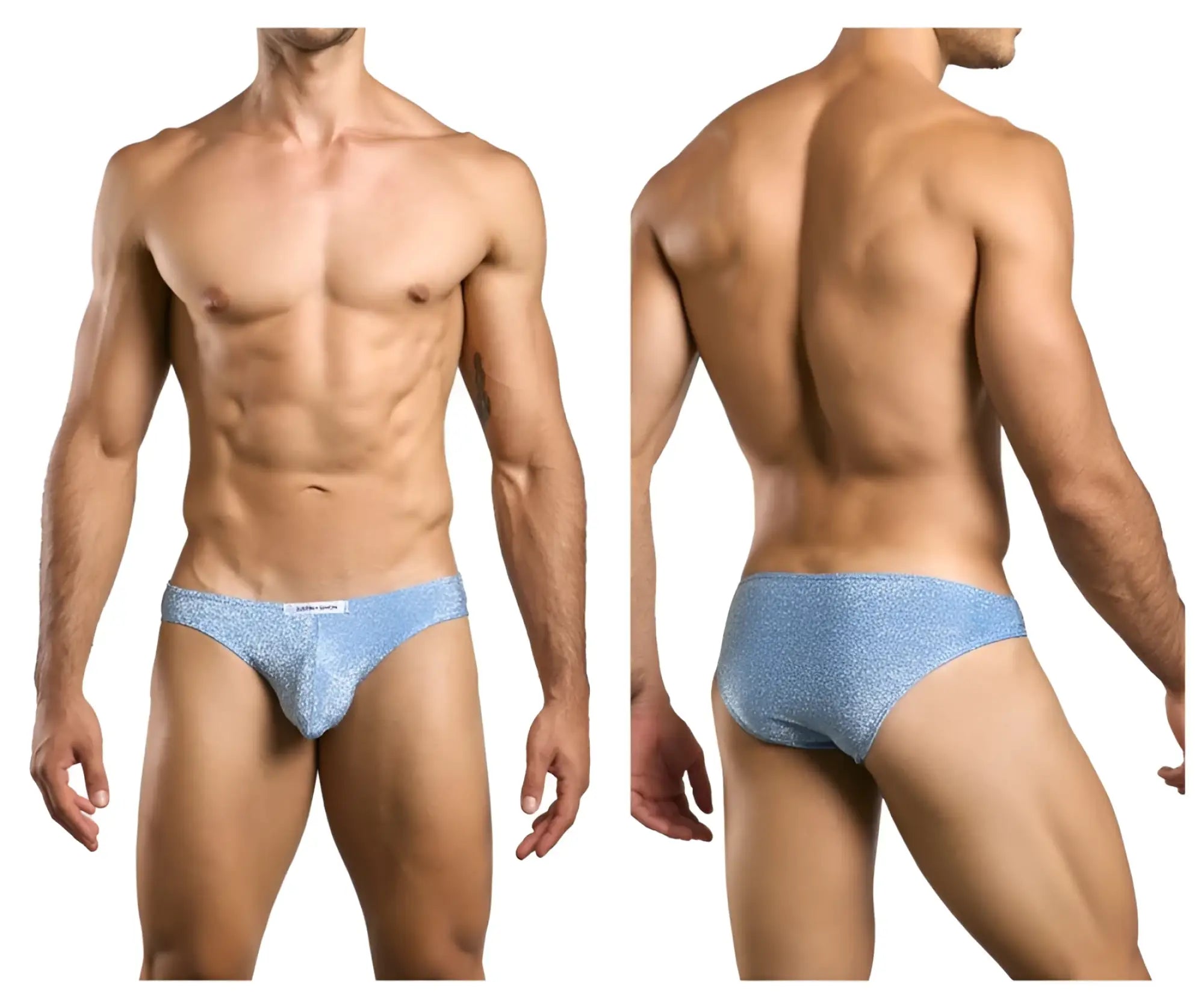 Light blue sparkly lurex fabric briefs with subtle logo on waistband from JUSTIN SIMON classic bikini collection