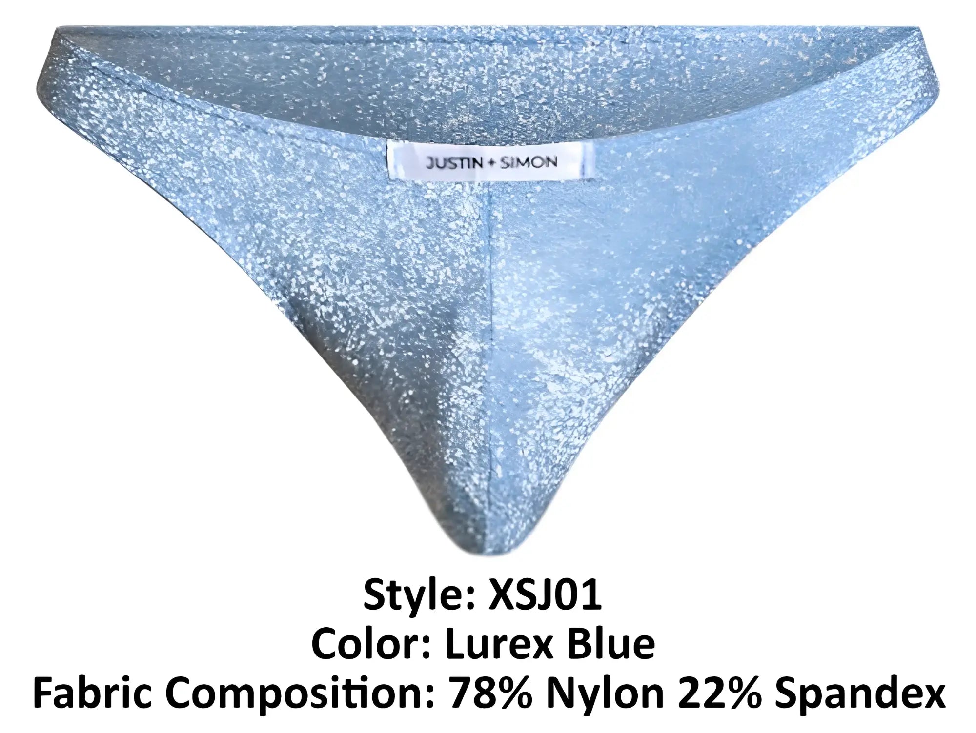 A shimmering lurex blue thong by justin + simon made of 78% nylon and 22% spandex with sparkling fabric blend
