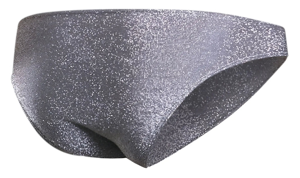 Shiny silver glitter swim trunks in lurex gray with a sleek form-fitting design by JUSTIN+SIMON XSJ01 classic bikini