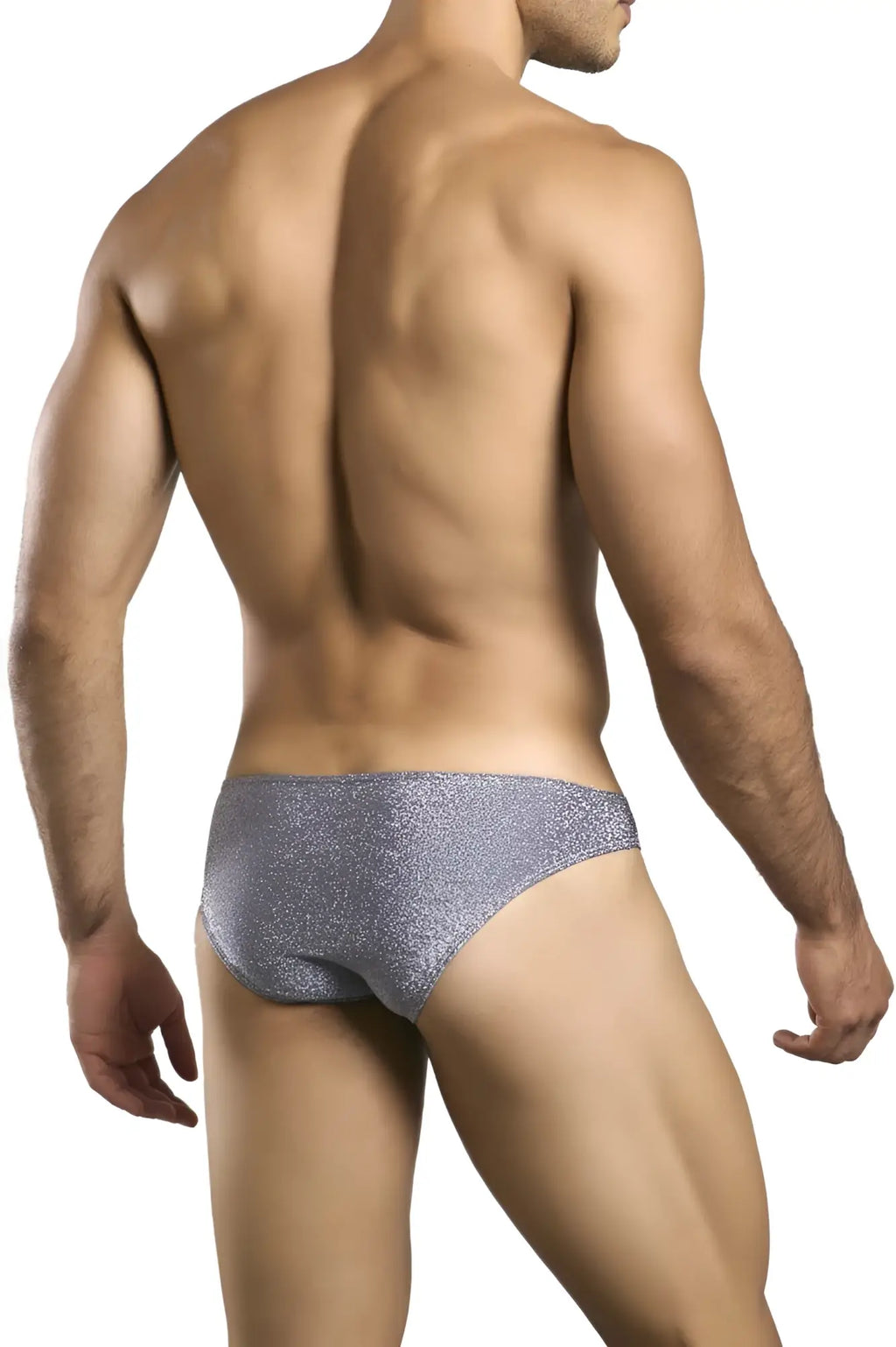 Justin simon classic bikini briefs in silver glitter lurex gray with a shiny metallic finish