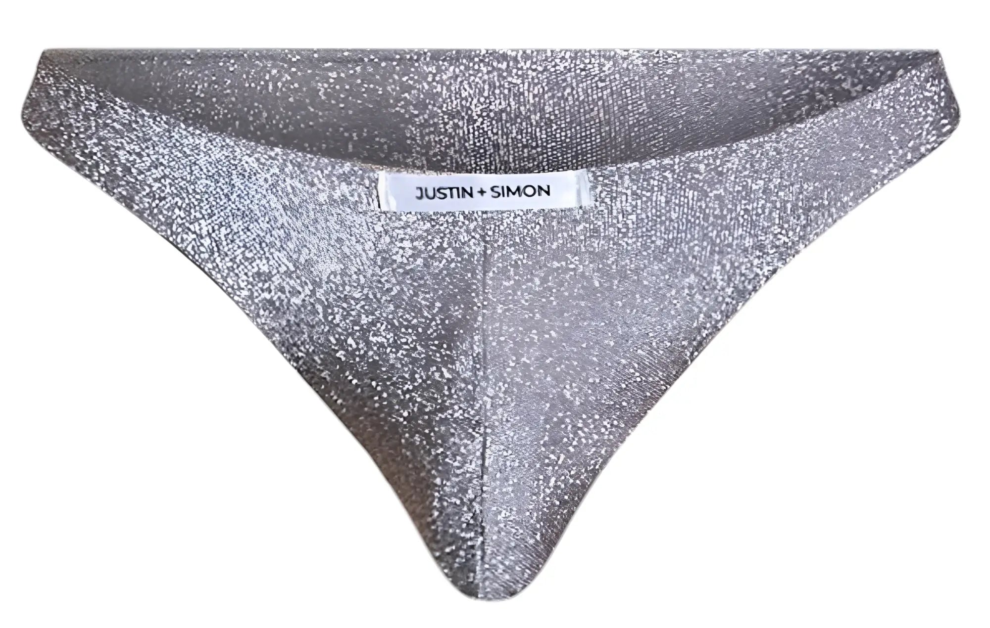 Silver glittery triangular briefs by justin + simon in classic bikini style lurex gray material