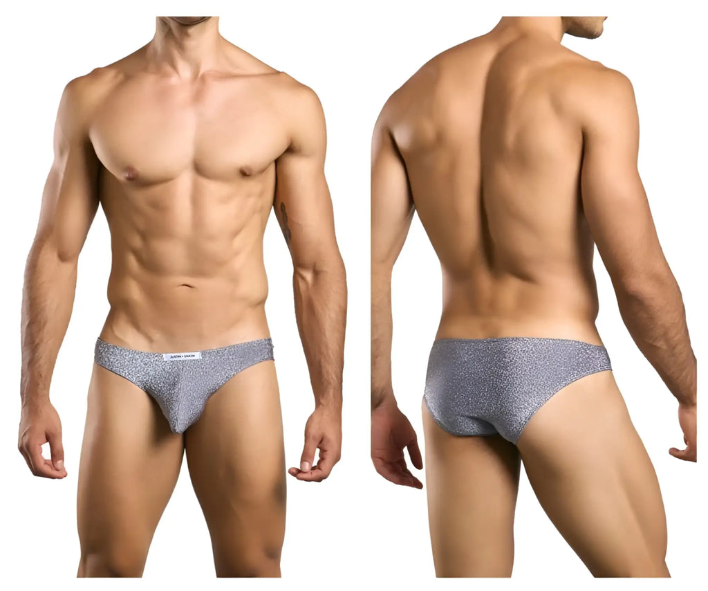 Justin simon classic bikini briefs in lurex gray with a subtle textured sparkly pattern