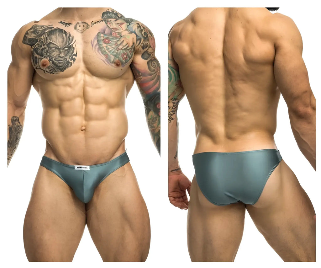 Teal satin classic bikini briefs with subtle sheen and white JUSTIN+SIMON tag in metal green color