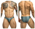 Teal satin classic bikini briefs with subtle sheen and white JUSTIN+SIMON tag in metal green color