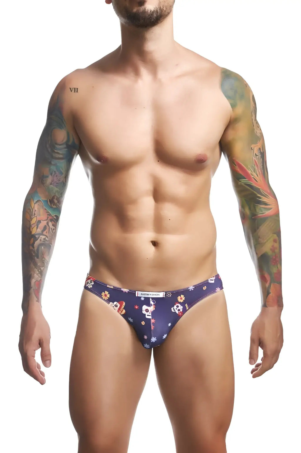 Dark blue mens briefs justin simon xsj01 classic bikini color mexico with white skulls orange yellow flowers and stars pattern