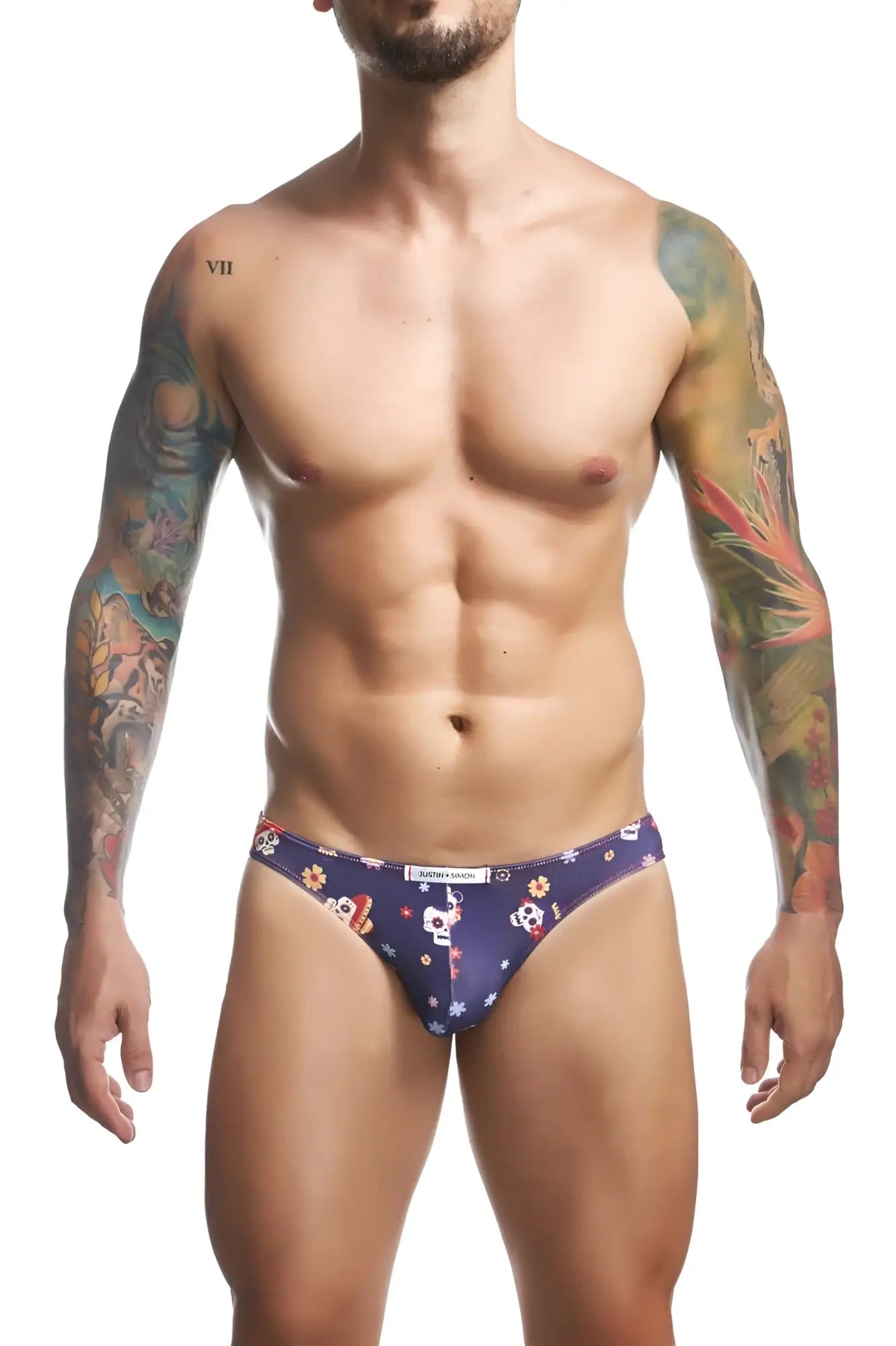 Dark blue mens briefs justin simon xsj01 classic bikini color mexico with white skulls orange yellow flowers and stars pattern