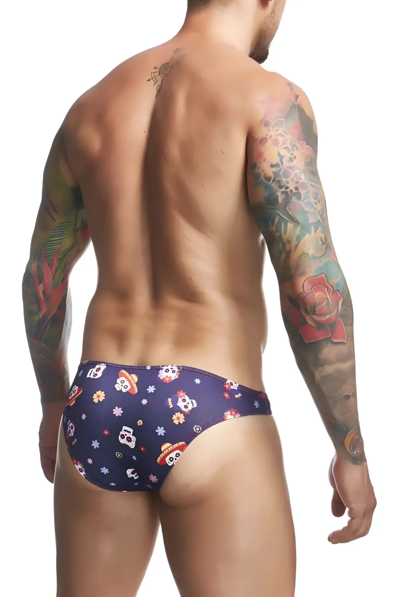 Dark blue men’s swim trunks justin simon xsj01 classic bikini color mexico with colorful skulls wearing sombreros and flowers