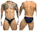 Navy blue classic bikini athletic briefs by justin simon with a white brand tag at the waistband