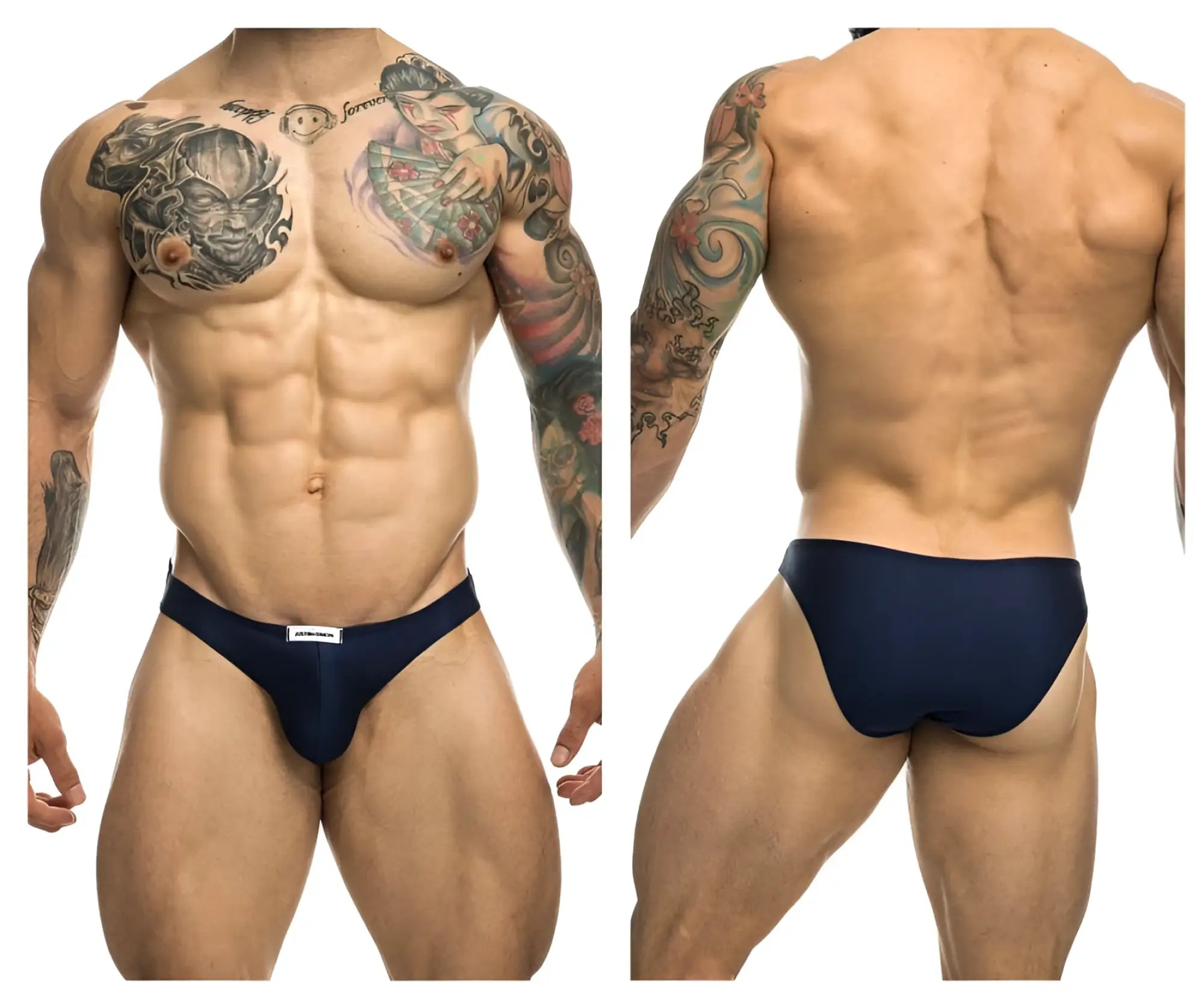 Navy blue classic bikini athletic briefs by justin simon with a white brand tag at the waistband