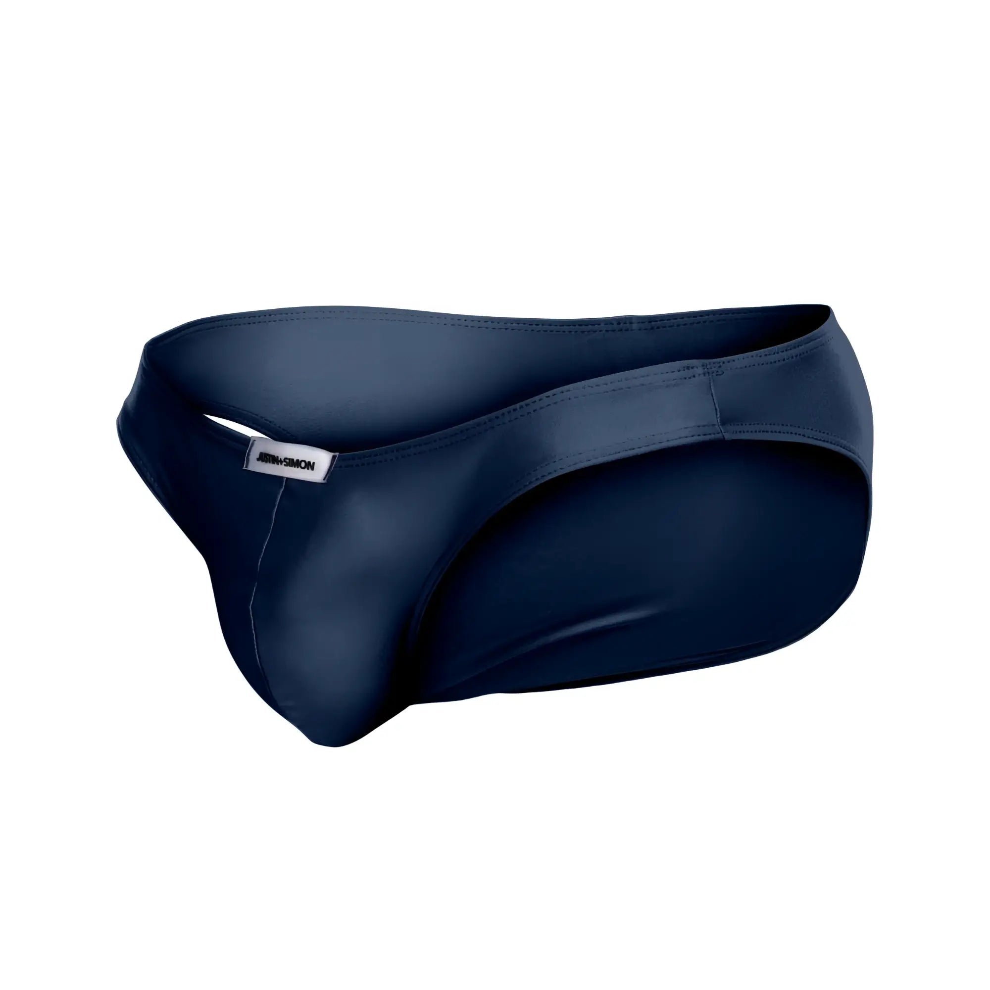 Navy blue silicone briefs with a sleek form-fitting design and small white brand tag on the waistband by Justin Simon