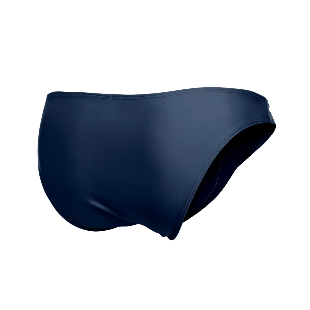 Navy blue justin simon xsj01 classic bikini swim trunks with smooth seamless fabric and sleek minimalist design