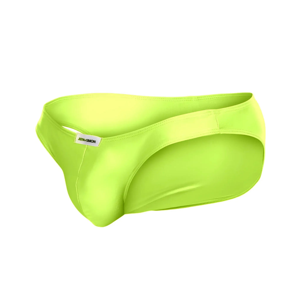 Bright neon green men’s briefs justin+simon xsj01 classic bikini with smooth form-fitting fabric and subtle brand tag