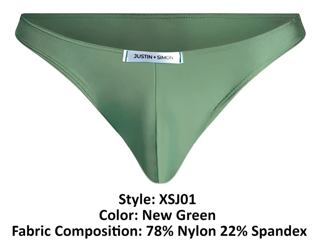 Olive green thong by justin simon made from smooth nylon and spandex blend in classic bikini style xsj01