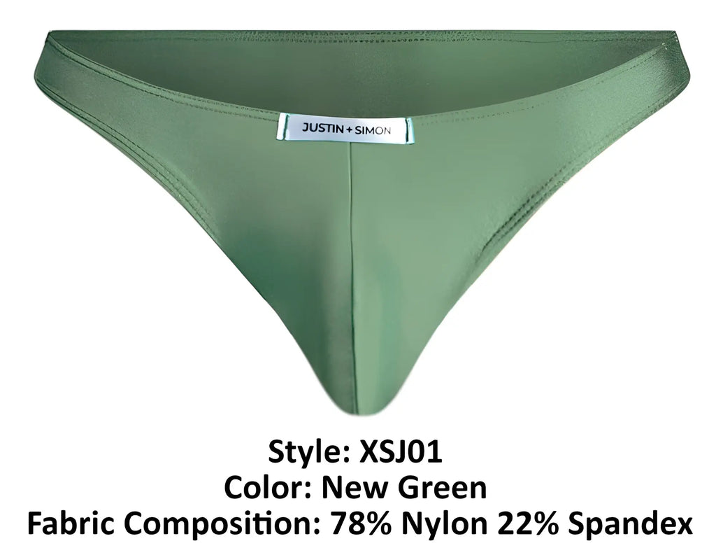 Olive green thong by justin simon made from smooth nylon and spandex blend in classic bikini style xsj01