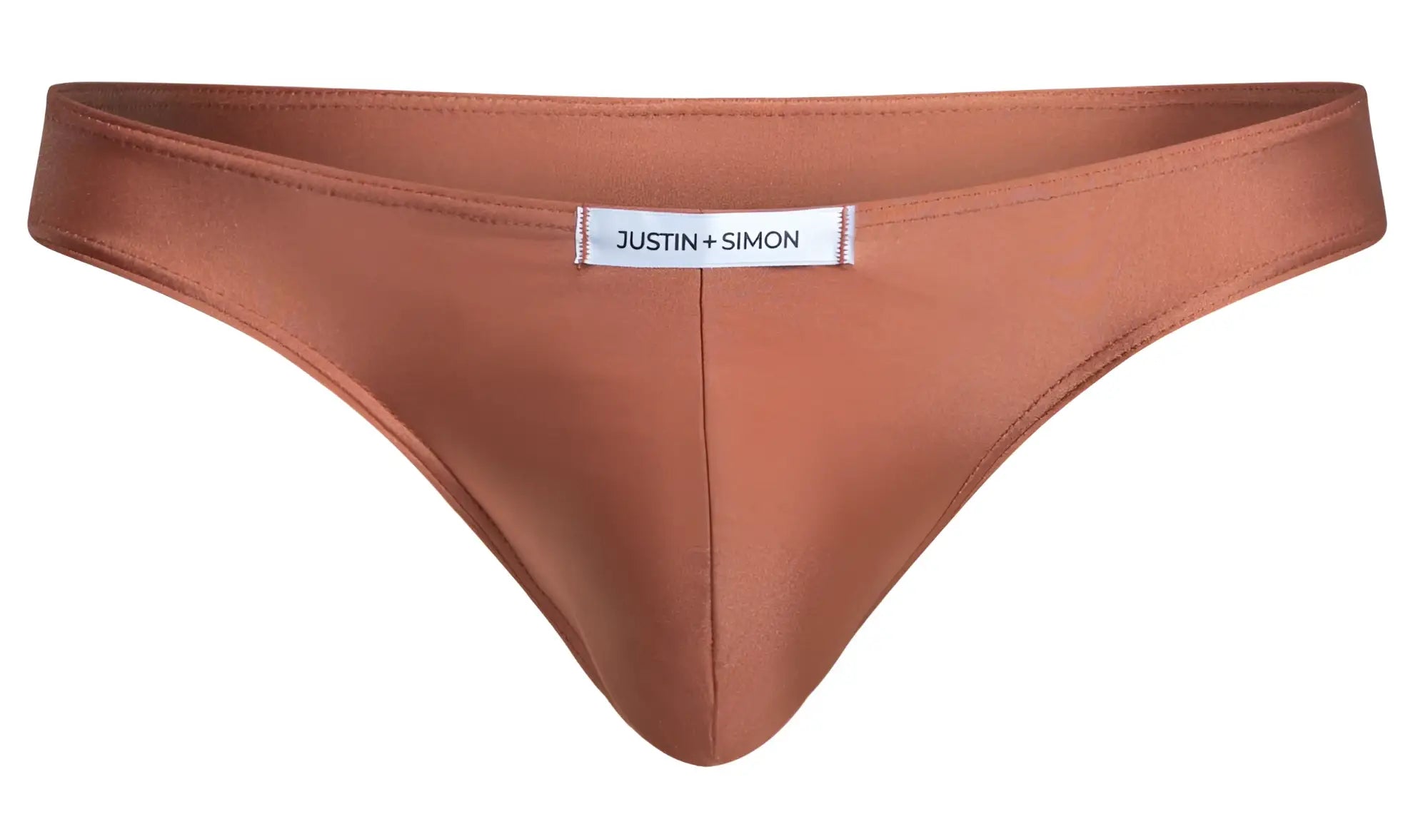 Copper-colored satin thong with white justin plus simon label in ochre color classic bikini style XSJ01