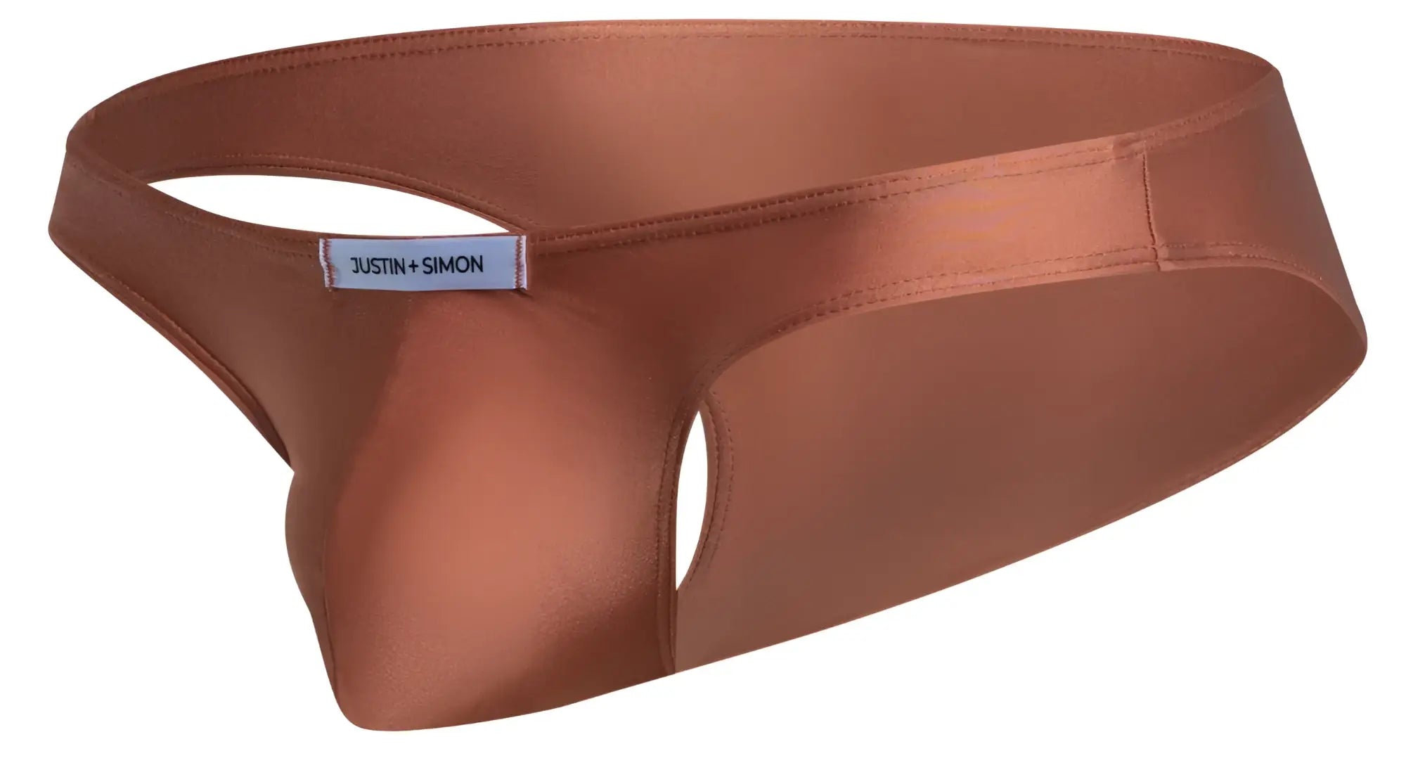 Copper satin thong by Justin + Simon in ochre color showcasing classic bikini style XSJ01 front view