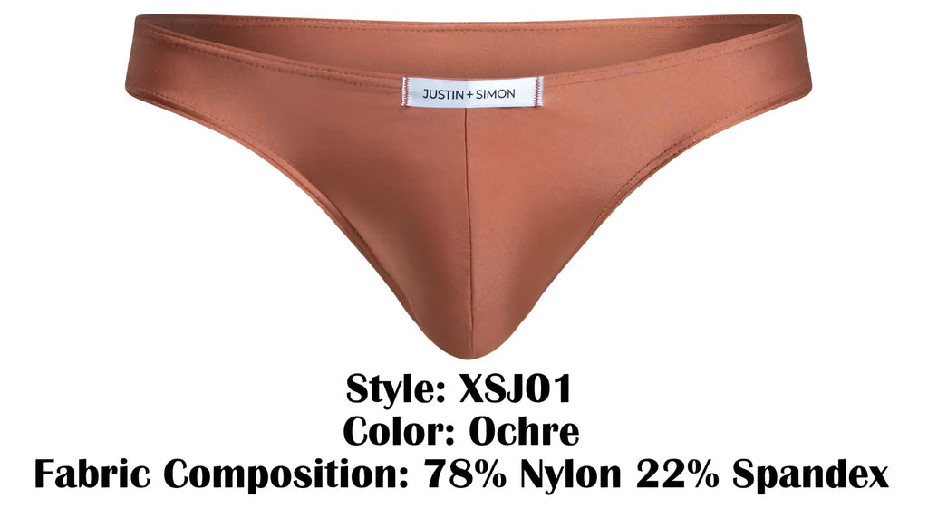 A sleek minimalist ochre thong by justin + simon made of 78 nylon and 22 spandex fabric for comfortable wear