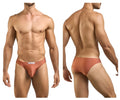 A sleek rust-colored justin simon xsj01 classic bikini brief with smooth form-fitting design and white waistband label