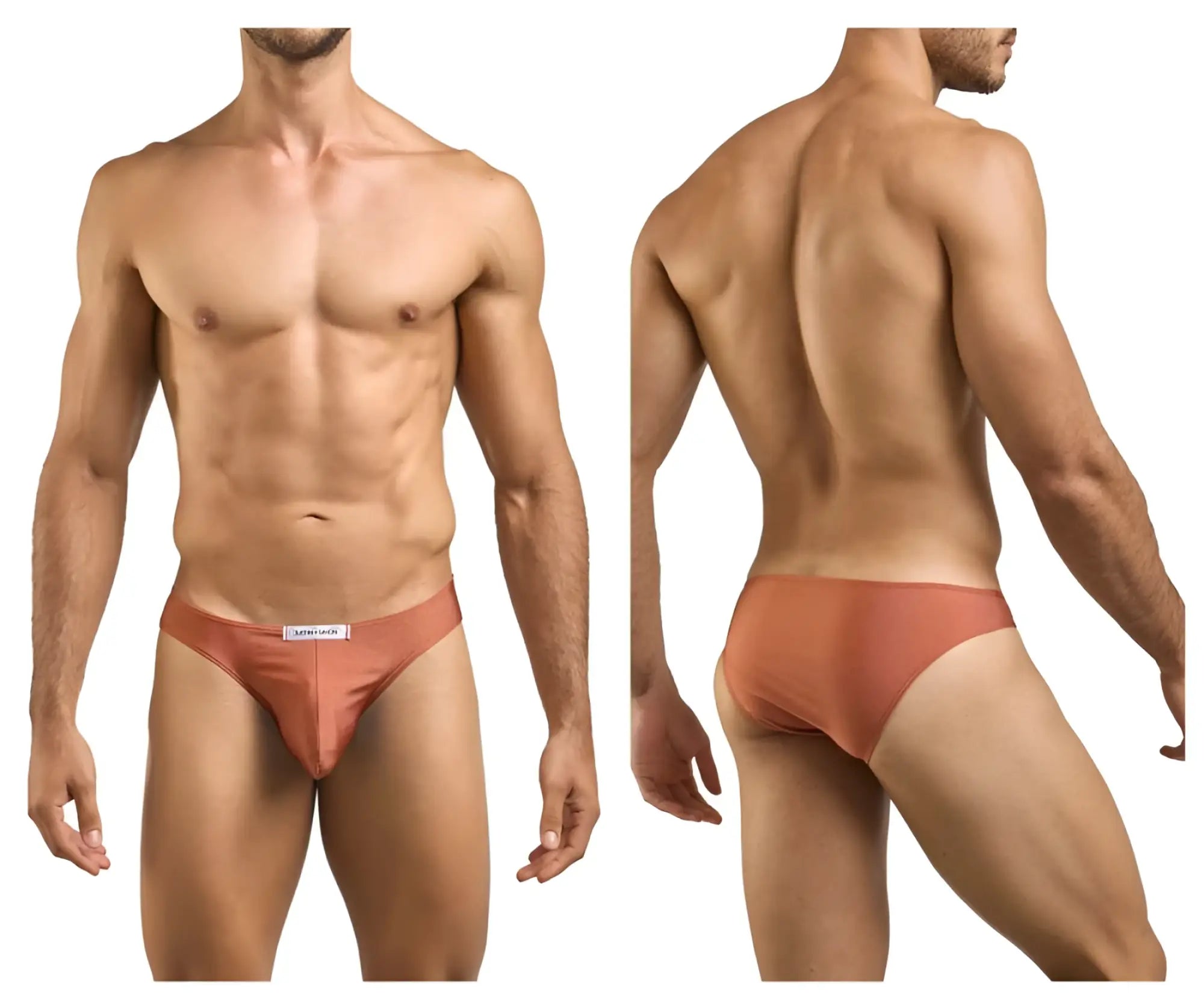 A sleek rust-colored justin simon xsj01 classic bikini brief with smooth form-fitting design and white waistband label