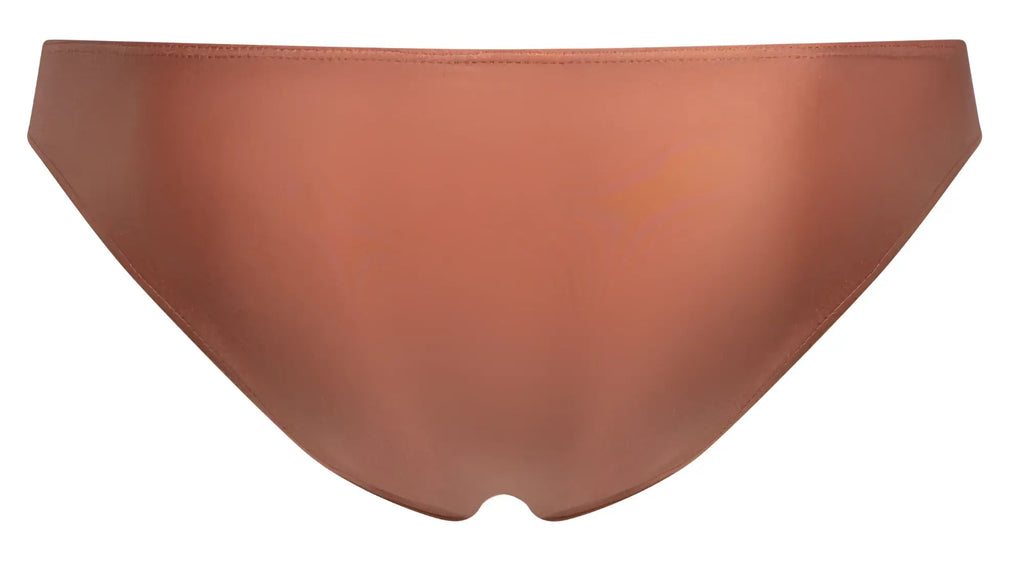 A sleek satin-finish copper-colored bikini bottom with smooth minimalist design by JUSTIN SIMON XSJ01 Classic Bikini