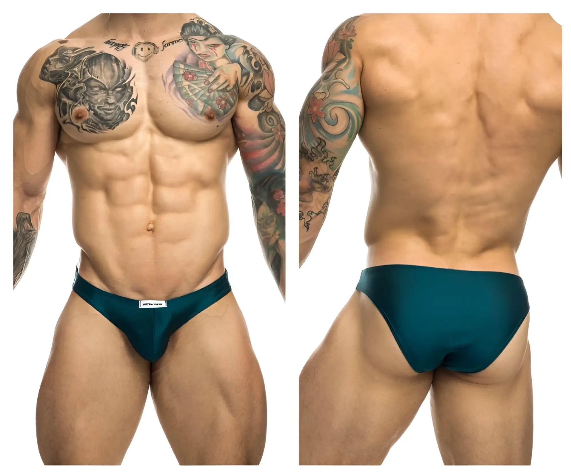 Teal athletic briefs with a small white brand tag at the waistband from justin simon xsj01 classic bikini color opal green