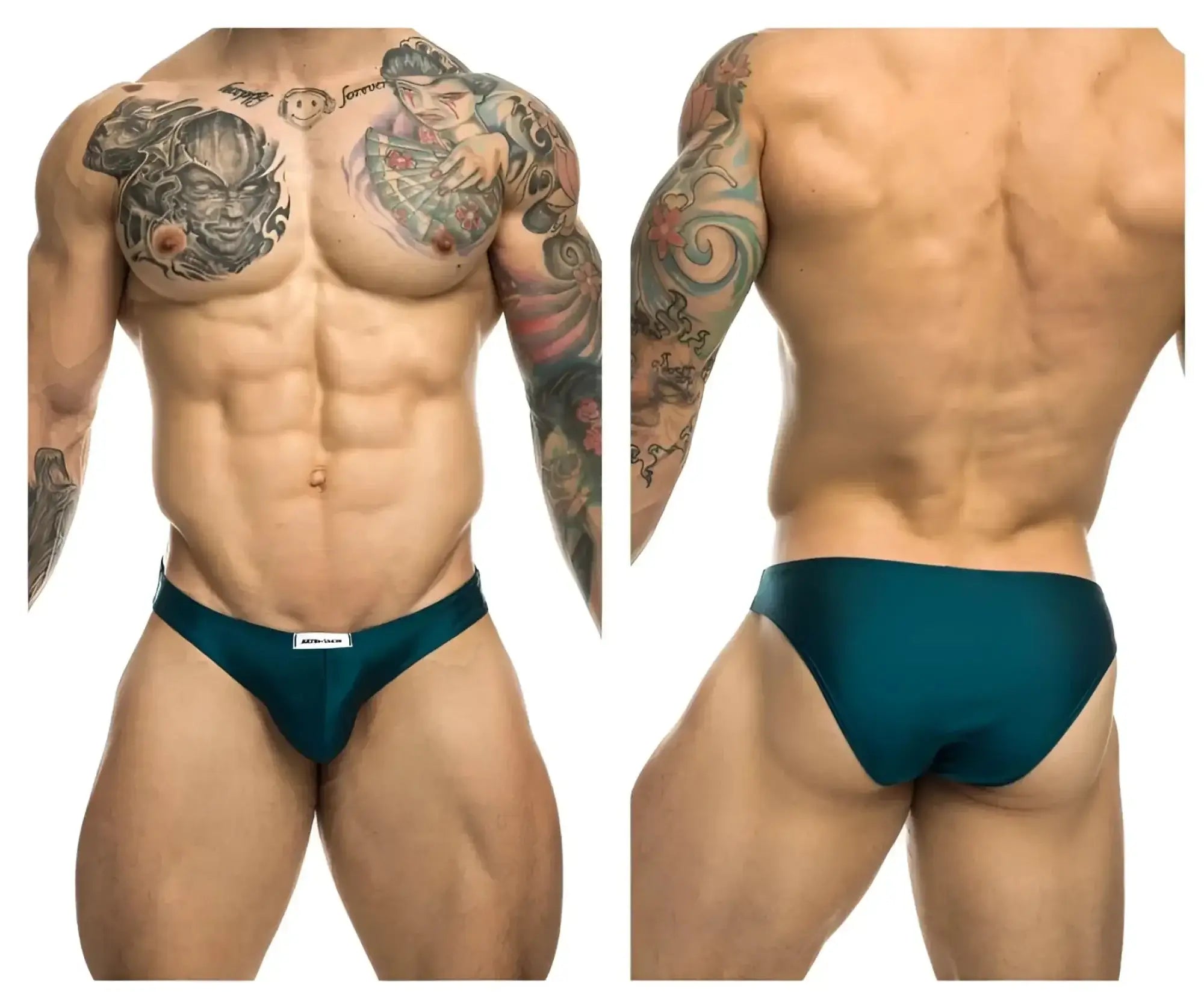 Teal athletic briefs with a small white brand tag at the waistband from justin simon xsj01 classic bikini color opal green