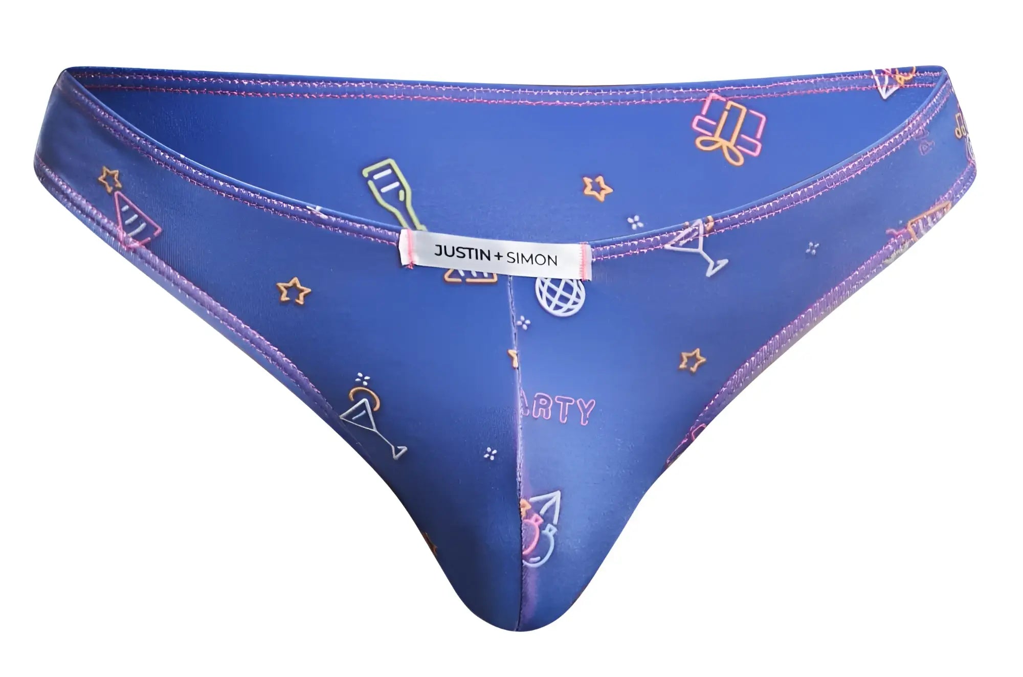 Blue justin simon thong bikini with neon party graphics and purple trim from the justin simon xsj01 classic bikini color party collection