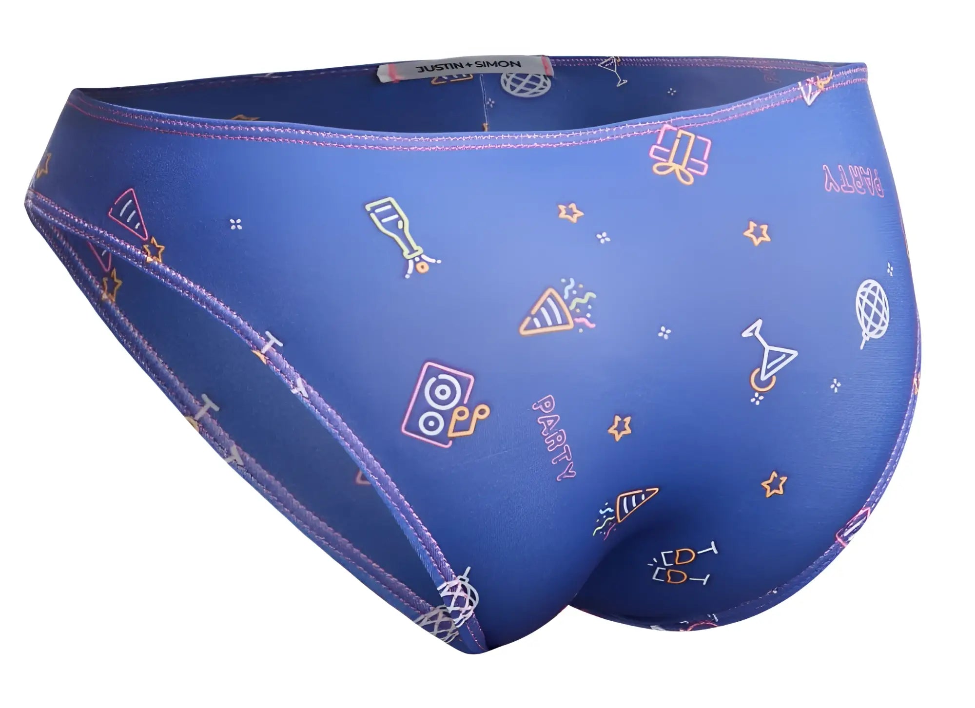 Blue men’s swim trunks justin+simon xsj01 classic bikini color party with neon party-themed icons on fabric