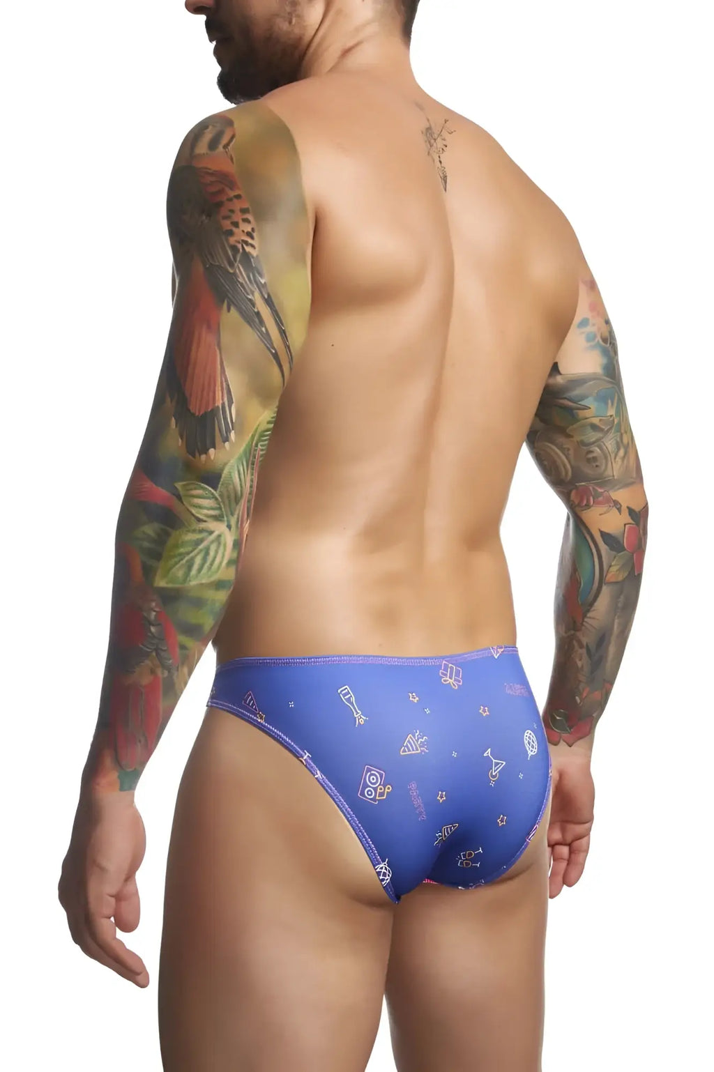 Blue swim trunks from justin simon xsj01 classic bikini color party with playful white and yellow icon pattern
