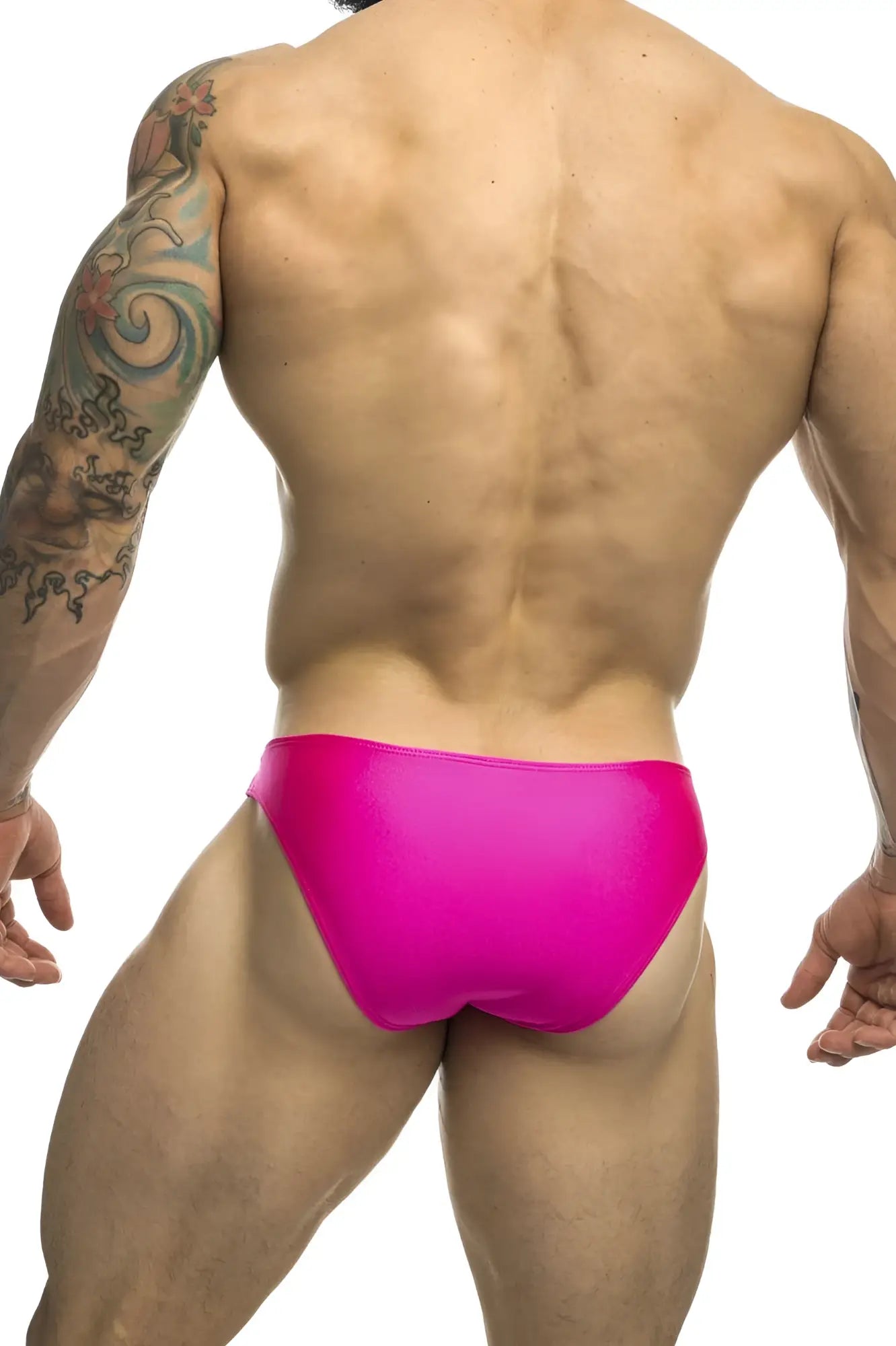Bright pink shiny fabric swim trunks from justin simon xsj01 classic bikini collection for swimwear use