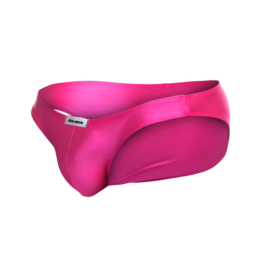 Justin simon xsj01 classic bikini vibrant fuchsia satin briefs with sleek form-fitting design and subtle brand tag