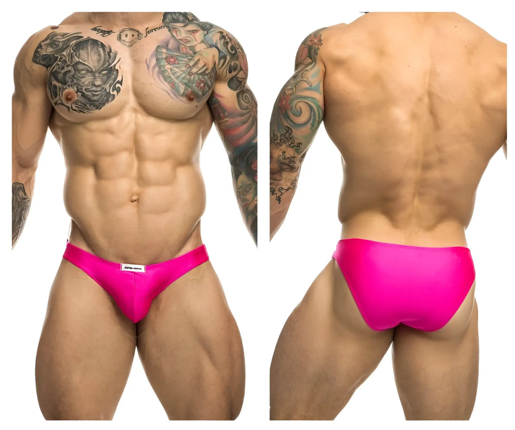 Vibrant pink high-waisted swim trunks justin simon xsj01 with sleek form-fitting design and white brand tag at waistband