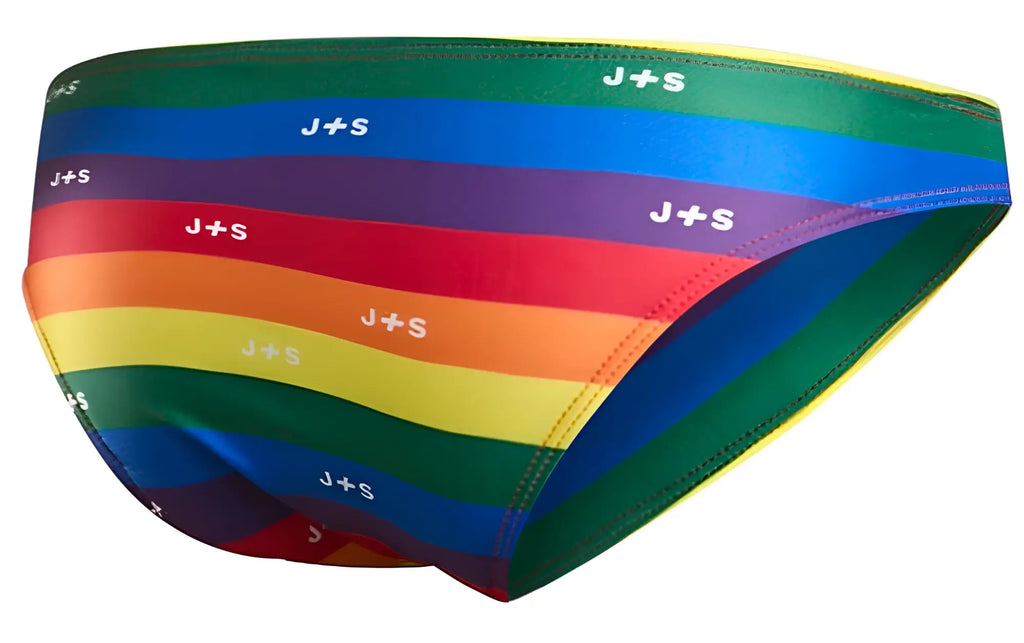 Justin simon xsj01 classic bikini briefs in rainbow stripes with white j plus s logos on each color band